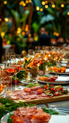 Festive banquet table featuring cured meats, salads, and wine glasses illuminated by ambient string lights for a warm, inviting atmosphere.