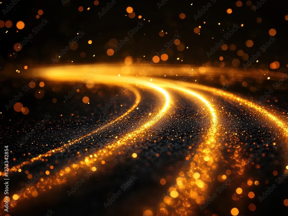 Aufkleber glowing golden lines of light swirling over a dark background with sparkling particles in a dreamy a