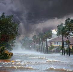  A scene of a hurricane with huge winds and rain, uprooting trees and blowing roofs off houses.   Flooded streets with strong winds and rain during a hurricane .