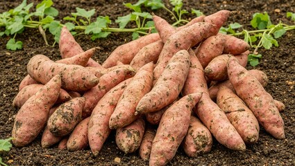 Organic sweet potatoes with brown skins on soil entwined with green vines