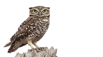Naklejka premium Spotted owlet perched on weathered wood, isolated on white background.