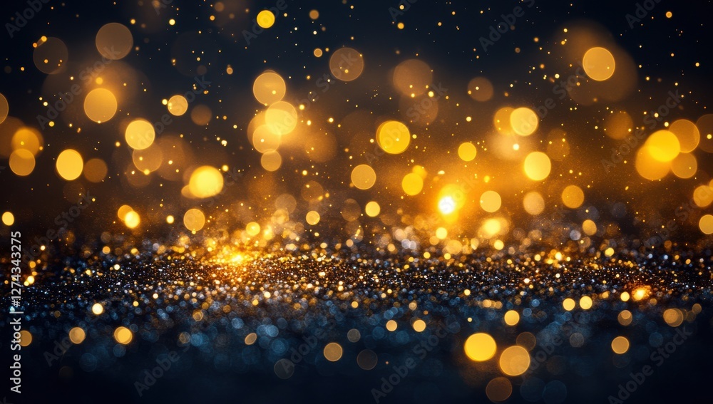 Poster glowing particles of light and sparkles in a mystical golden and blue background for enchanting and 