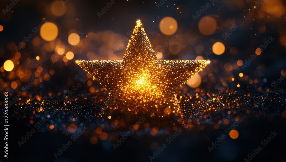 Poster glowing star shape surrounded by glittering particles and soft bokeh light effects in a dark backgro