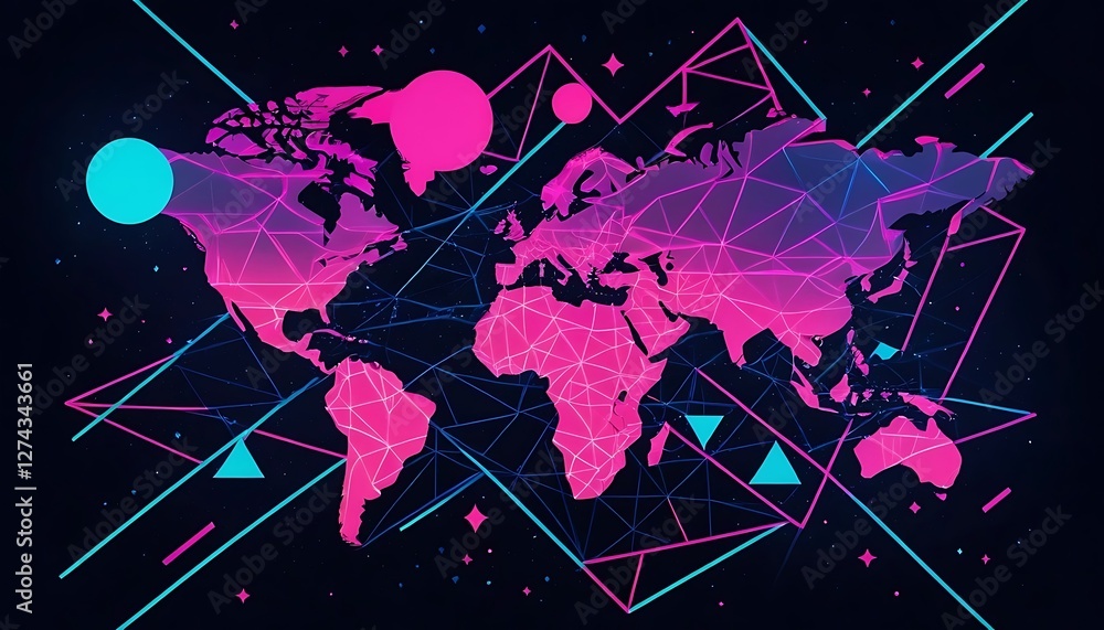 Poster abstract world map with geometric shapes and vibrant neon color scheme