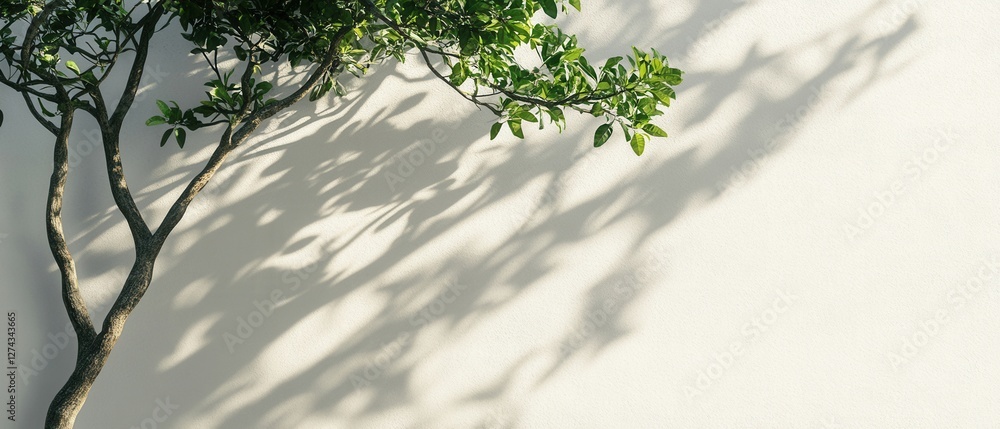 Poster serene tree casting shadows on a textured white wall creating a peaceful and minimalist background w