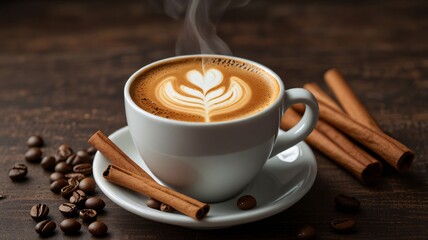 A cup of hot cappuccino featuring elegant latte art, surrounded by cinnamon sticks and coffee beans on a rustic wooden background, evoking warmth, comfort, and a love for coffee.