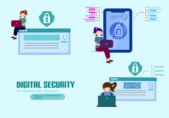 Internet security. Safety and confidential data protection. Data protection concept. Safe internet technologies. Vector outline illustration with isometry scene for web graphic