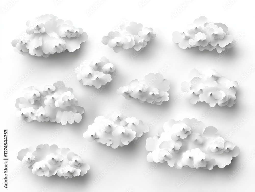 Poster minimalist white clouds arranged on a textured white background creating a serene and dreamy atmosph