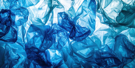 Obraz premium Crumpled blue plastic bottles form a layered texture, showcasing environmental waste, with light filtering through for an artistic effect