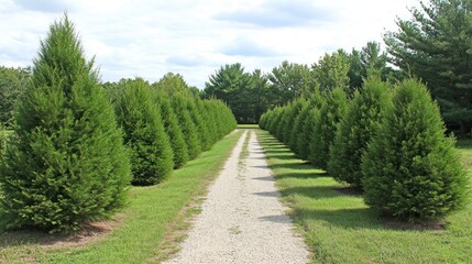 Gravel Driveway Lined With Lush Green Evergreen Trees