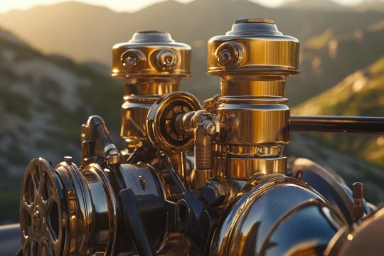 Close-up of a gleaming gold vintage car engine, bathed in sunset light, showcasing intricate mechanical details. - Powered by Adobe