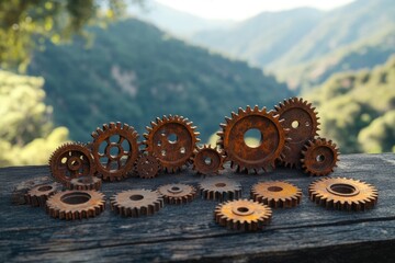 Rusty gears interlock, symbolizing teamwork, collaboration, and complex systems in nature.