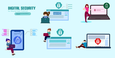 Cyber security vector illustration concept with characters. Data security, protected access control, privacy data protection. Modern flat style for landing page, web banner, infographics, hero images