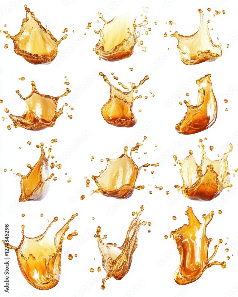 Poster dynamic collection of golden liquid splashes on pristine white backdrop capturing motion and energy 