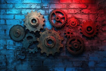 Rusty gears interlock on a grunge brick wall, illuminated with red and blue light, depicting industrial machinery.