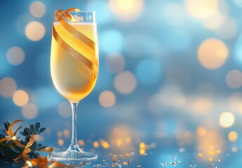 Sparkling Beverage in Elegant Glass with Orange Ribbon on a Blurred Background of Soft Colorful Bokeh Lights for Celebrations and Parties