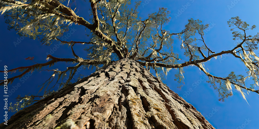 Poster large tree trunk with extensive branching and hanging moss