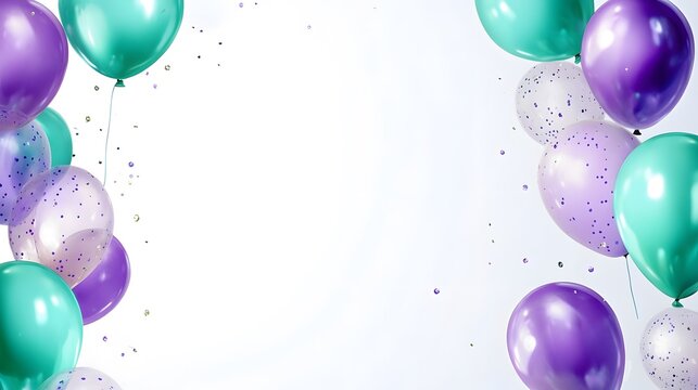 Balloon banner with green purple border frame on white background. spring sale grand opening, Easter ad, birthday poster