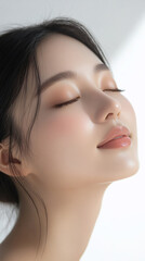 Fototapeta premium Asian Beauty JPG SPA Fashion Make up Side Profile with Flawless Skin, Minimalist Portrait on White Background, Studio Photography white cut out Image Download