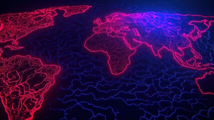 Neon world map with glowing continents and rivers.