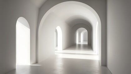 Fototapeta premium Ethereal Archways, A Luminous White Hallway with Repeating Arches