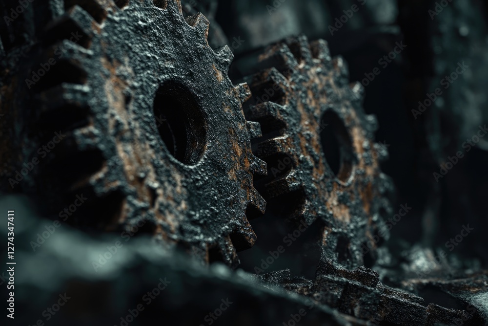 Poster close-up of two rusty, interconnected gears, showcasing intricate detail and texture.