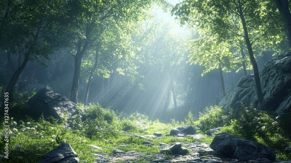 Poster serene forest path with sunbeams filtering through lush green canopy creating a tranquil and mystica