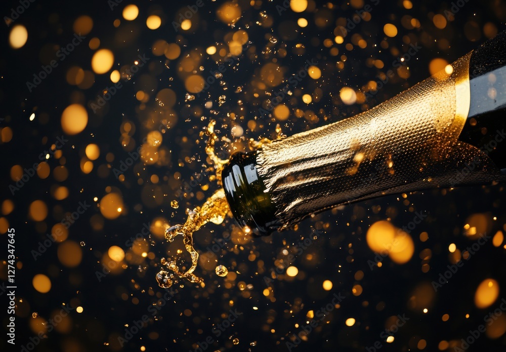 Poster sparkling champagne bottle with exploding bubbles and golden sparks captured against dark background