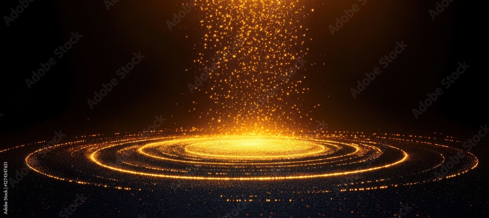 Poster golden particles fall and create a glowing circular motion in dark background, showcasing shimmering