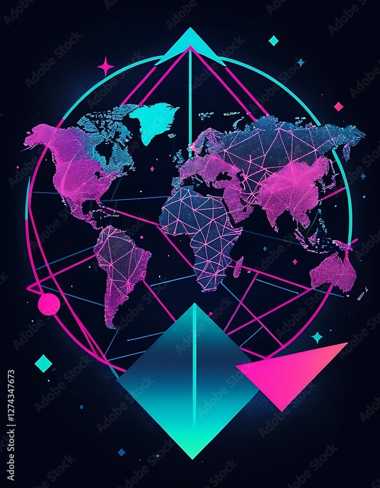 Poster global network of interconnected geometries and sparkling world map
