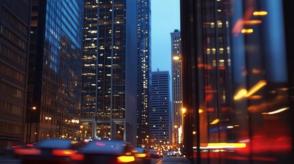 City skyline at dusk with skyscrapers and busy traffic, urban landscape, night city life, modern architecture, vibrant city atmosphere