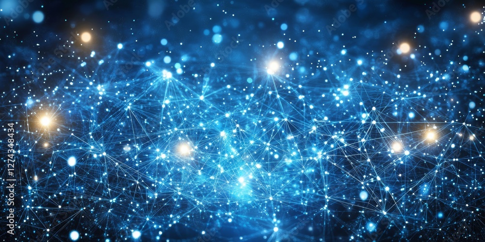 Poster intricate network structure of connected dots and lines on a blue background with diffused lights