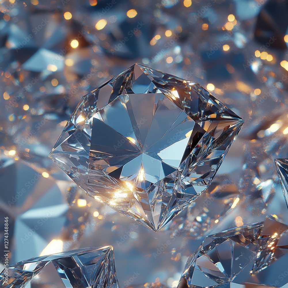 Poster sparkling cut diamonds with reflections and light rays creating a glossy surface on a dark backgroun