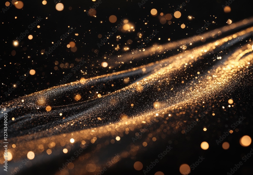 Poster sparkling golden particles on a dark background creating an enchanting effect of shimmering beauty, 