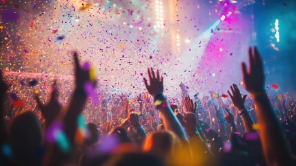 Concert crowd celebrating with confetti during music festival, vibrant atmosphere, colorful lights, hands in the air, live event experience