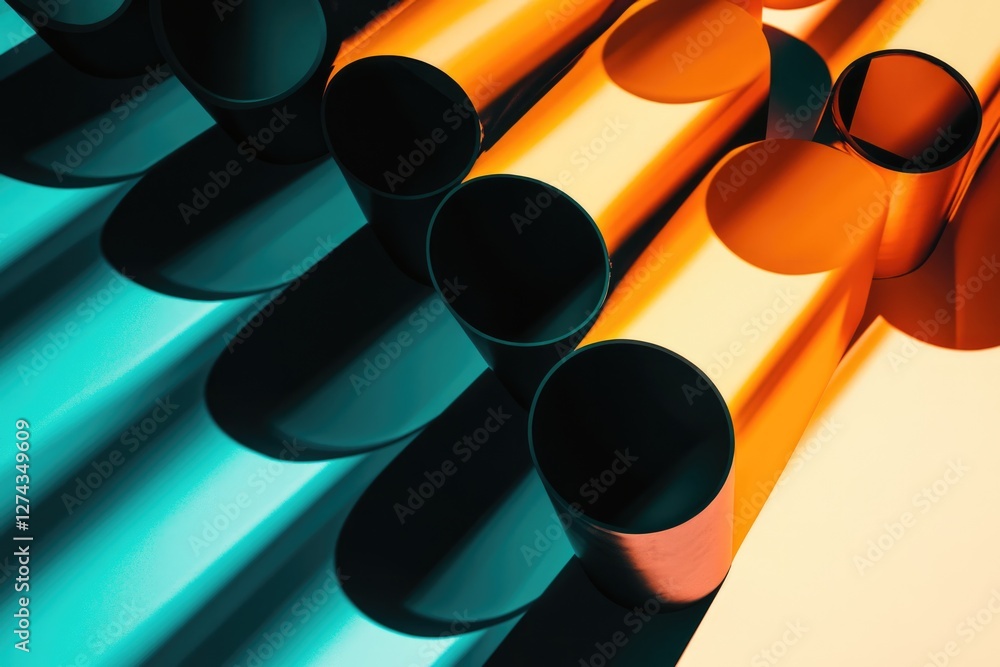 Poster abstract image of teal and orange cylindrical tubes casting shadows, creating a visually striking co