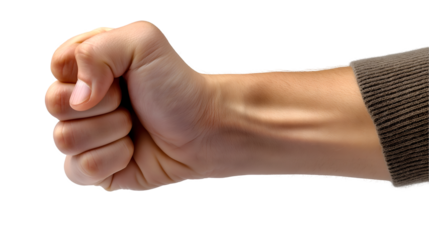 Clenched Fist Closeup of Strong Arm, Brown Sleeve and Powerful Gesture, isolated on transparent background.