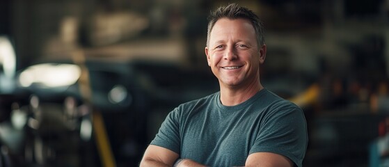 Obraz premium Confident mechanic smiling in auto shop, professional auto repair, skilled tradesman, automotive service industry, workshop portrait, automotive expert