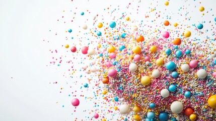 Colorful explosion of decorative balls and sprinkles against a white background, creating a festive atmosphere