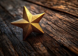 Golden Star Decoration on Rustic Wood Background, Beautiful Lighting and Textures, Perfect for Celebrations and Awards Themes