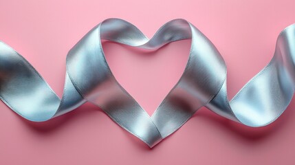 A delicate blue ribbon shaped into a heart on a soft pink background, perfect for romantic themes