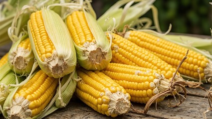 Freshly harvested sweet corn with husks pulled back revealing plump yellow kernels on rustic table