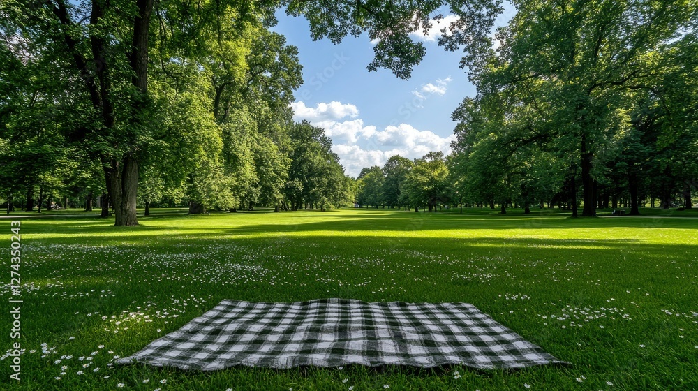 Wall mural A peaceful picnic setup nestled among lush, vibrant greenery, enjoying a bright and sunny day in the heart of the city park