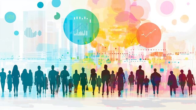 Artistic depiction of the process of customer segmentation and targeting illustrated with diverse consumer group silhouettes and demographic data
