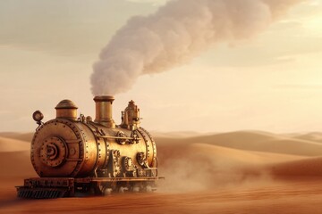 A golden steampunk locomotive chugs across a vast, sandy desert landscape under a hazy sky.
