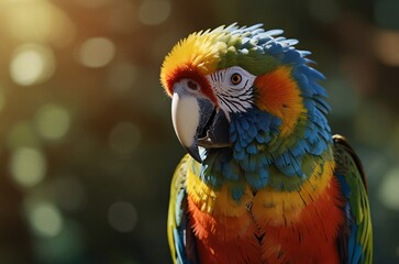 Obraz premium A vibrant macaw displaying colorful feathers, sitting outdoors amidst bokeh lighting, evoking tropical elegance and vibrancy.