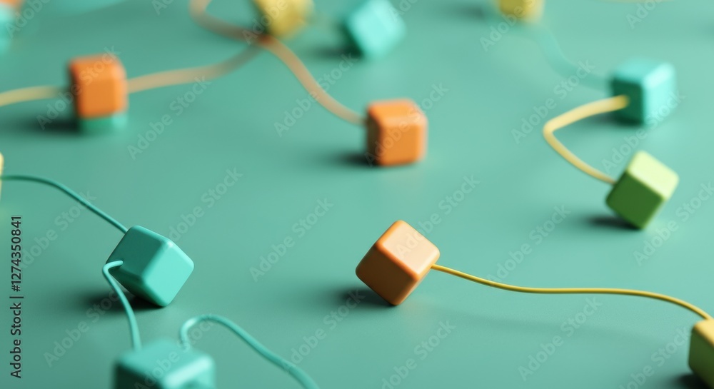 Wall mural colorful geometric blocks connected by strings on a teal background