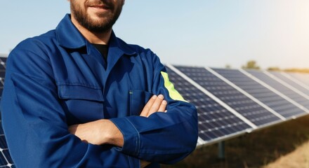 Solar energy technician standing confidently in front of solar panels