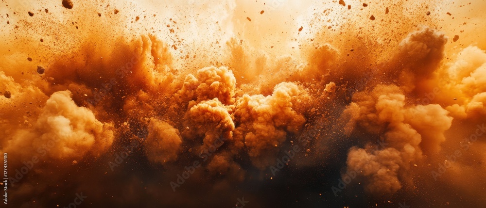 Poster dramatic explosion of orange dust particles in dynamic motion creating a powerful and intense visual