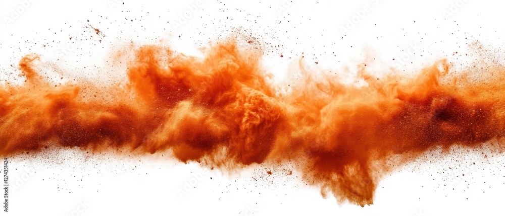 Poster vibrant explosion of orange powder against a clean white backdrop creating a dynamic and artistic vi